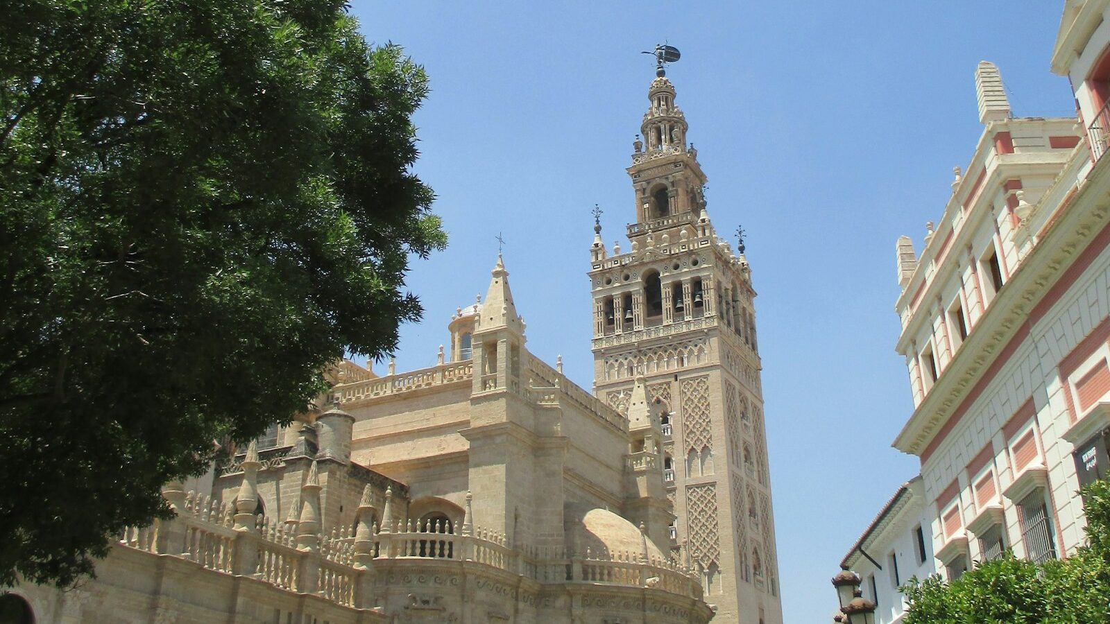 The giralda tower stands tall under a clear sky